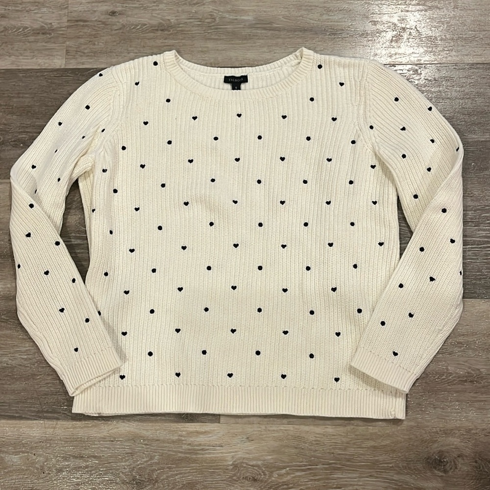 Talbots small ivory white and black heart sweater